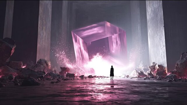 A lone figure contemplating a mysterious illuminated cube within a stone chamber setting