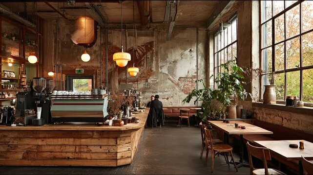 Interior view of a coffee shop cafe with barista seating decor and window light