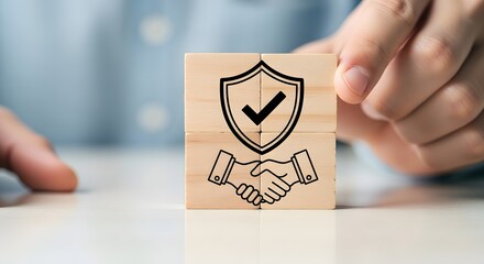 Hand placing wooden block with shield and handshake icon