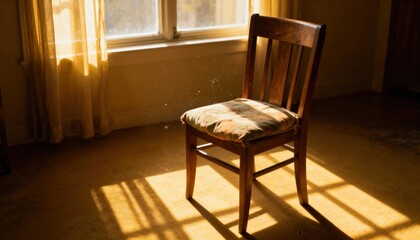 Sunlit Chair: An old wooden chair stands gracefully, bathed in the warmth of sunlight streaming through a nearby window. The chair is located in an empty room.
