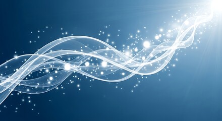 Abstract blue background with glowing white light trails and sparkles