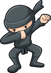 Cartoon illustration of black ninja character in action pose, martial arts fighter, stealth warrior concept, Japanese assassin design artwork