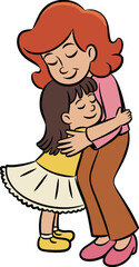 Cartoon illustration of loving mother hugging her little daughter with warmth and care, family love, parenting affection, emotional connection