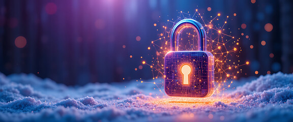 abstract illustrated vector binary style winter theme digital cyber security 3d pop up metalic neon lock with shimmer quincy bokhe glowing lights connected points, in purple blue and cyan gradient col