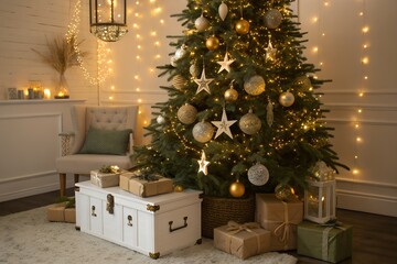 Festive christmas tree mockup with gifts presents and warm holiday lighting