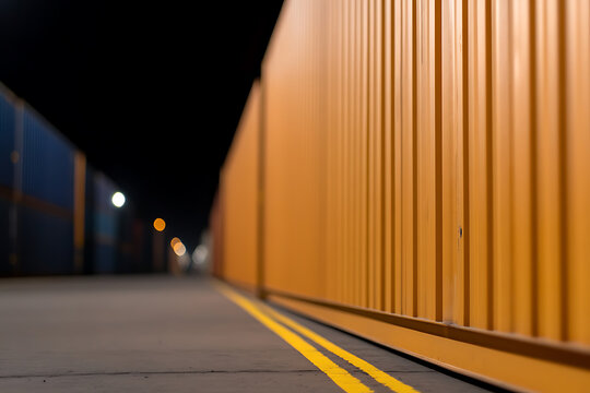 A night shot of a row of bright orange cargo containers stretching into the distance, marked by double yellow lines, hinting at a busy port or industrial area. A still, nocturnal scene.