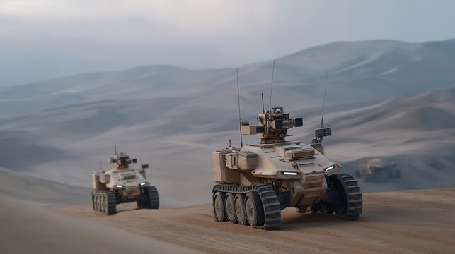 Remote-controlled unmanned ground vehicles patrolling desert terrain, scanning surroundings with mounted sensors, representing autonomous reconnaissance, robotics in military operations, and