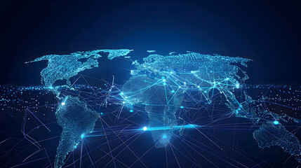 digital world map made of glowing lines and dots, blue futuristic tone, network connections, modern business concept background