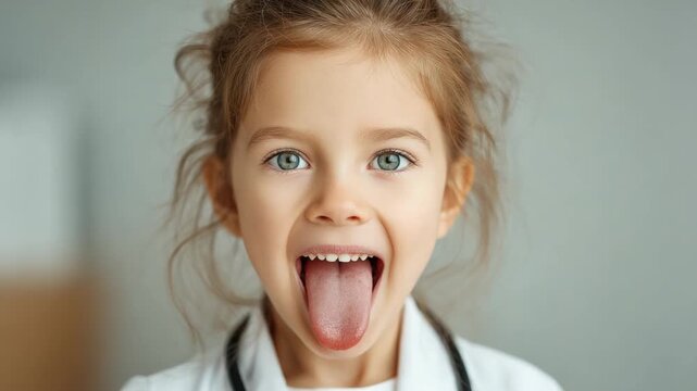 Close-up of a young girl with her tongue sticking out, wearing a white coat