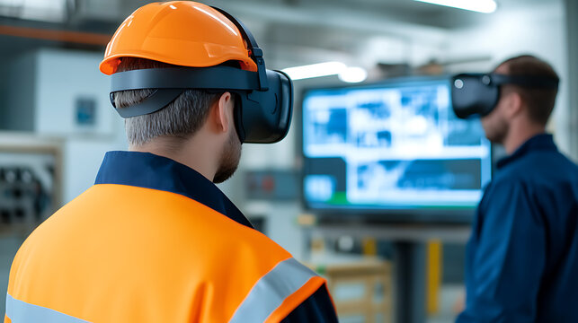 Two workers test virtual reality applications in the factory, wearing safety helmets and vests. They are using VR headsets for training and simulation, exploring digital solutions.