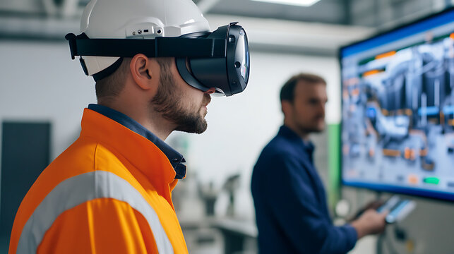 An engineer wearing a virtual reality headset and hard hat stands confidently, navigating a digital world, while another man monitors a screen, blending innovation with industry expertise.