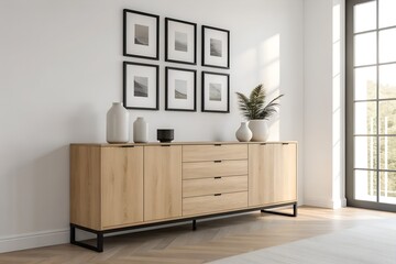 Modern sideboard mockup with festive christmas decor and artwork display