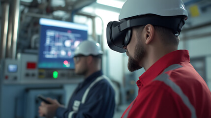 A worker in personal protective equipment(PPE) and a VR headset inspects industrial equipment in a plant. The employee is using virtual reality to monitor the facility.
