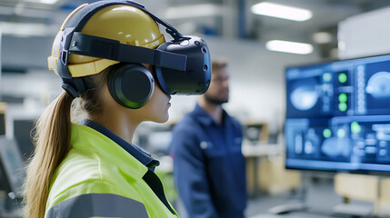 Female engineer in safety gear & VR headset. Exploring factory models on screen, augmented reality for modern industrial design & engineering. Technician of the future.