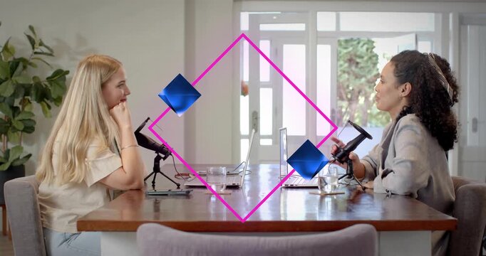 podcast hosts leaning and talking on diamond outline appearing while magenta overlay rotating cubes