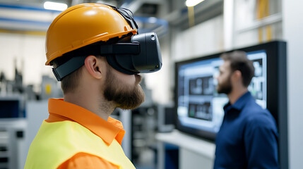 A worker wearing a hard hat and VR headset explores virtual reality. Another worker monitors the VR experience on a screen, working together in a modern manufacturing environment.