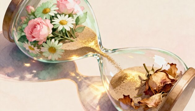Eternal Bloom: An exquisite hourglass, gracefully melding blooming flowers with withered blossoms, symbolizing the transient beauty of life and the relentless passage of time.