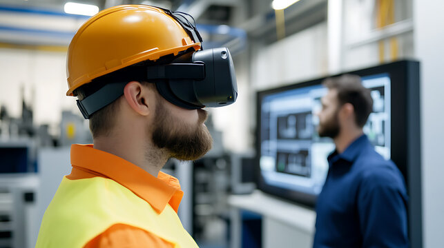 A worker wearing a hard hat and VR headset explores virtual reality. Another worker monitors the VR experience on a screen, working together in a modern manufacturing environment.