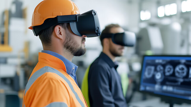 Engineers using VR headsets to visualize and optimize factory processes. Enhancing productivity and safety through immersive technology in a modern manufacturing environment.