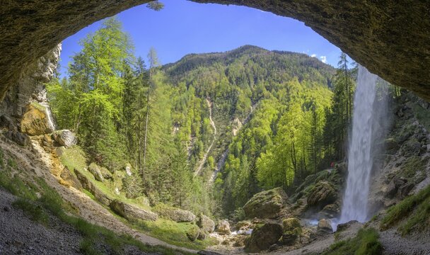 You can walk behind the Pericnik waterfall, Mojstrana, Kranjska Gora, Slovenia