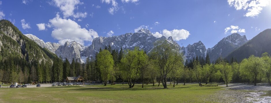 Mangart mountain range on Lake Fusine, Tarvisio, province of Udine, Italy