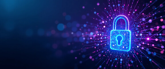 abstract illustrated vector binary style winter theme digital cyber security 3d pop up metalic neon lock with shimmer quincy bokhe glowing lights connected points, in purple blue and cyan gradient col