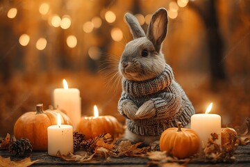 Rabbit wearing soft sweater sits among glowing candles and pumpkins in a beautifully arranged autumn setting, surrounded by golden leaves and warm tones of the forest.