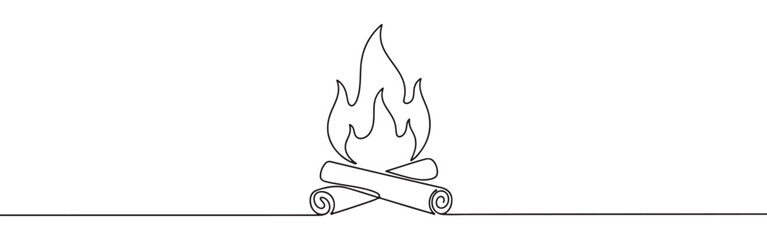 A continuous line drawing of a campfire with two logs burning and flames rising, evoking warmth, gathering, and outdoor experiences on a white background.
