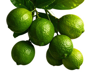   Fresh Green Limes on Branch with Leaves Isolated on Transparent Background