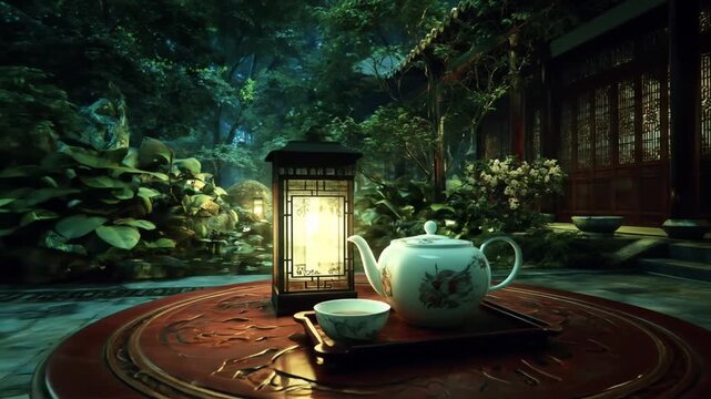 Tranquil outdoor scene with a decorative tea set illuminated by a lantern at dusk
