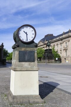 Bebel square clock and Friedrich the Great statue, Under den Linden, Berlin Mitte, Germany