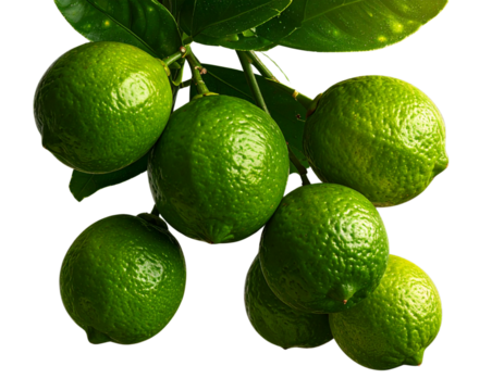 Fresh Green Limes on Branch with Leaves Isolated on Transparent Background