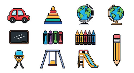 Pixel art school icons car, globe, chalkboard, crayons, playground elements