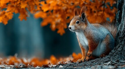 Fototapeta premium Symphony of fall: a squirrel's peaceful moment in golden light. Avant-garde shots. Tranquil oak: a fluffy squirrel among golden autumn leaves. Daring imagery. Surreal portraits.