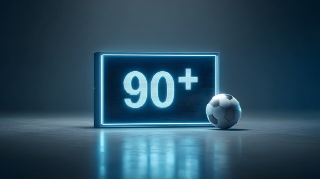 Dynamic neon sign displays '90+' score alongside a classic soccer ball, symbolizing athletic achievement and competition - Powered by Adobe