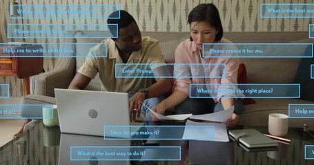 colleagues collaborating on sofa with laptop and charts as floating AI prompts guiding research - Powered by Adobe