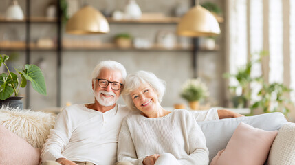 Senior couple relaxing in sofa, smiling and enjoying a tender moment at home or in a hotel room. Concept of love, travel or aging lifestyle. Bright blurred background.