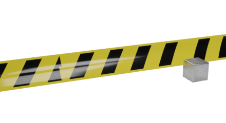 Pristine yellow and black industrial hazard tape, glossy, with a polished silver cube on a transparent studio background, 45-degree macro shot, concept of industrial precision and safety