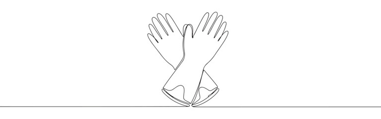 A continuous line art depiction of a protective rubber glove, suitable for medical or cleaning applications, isolated on a white background.	