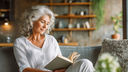 Elegant senior woman reading a book in sofa, couch, at home, smiling and relaxed.