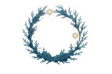 Winter wreath frame with glowing stars, blue frozen branches, festive holiday celebration decoration