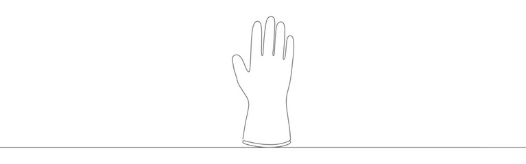 A continuous line art depiction of a protective rubber glove, suitable for medical or cleaning applications, isolated on a white background.	