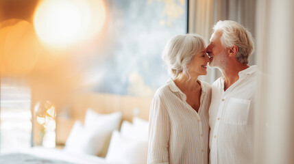 Senior couple cuddling in front of bed, smiling and enjoying a tender moment at home or in a hotel room. Concept of love, travel or aging lifestyle. Bright blurred background.