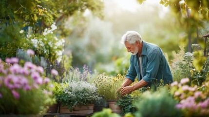 Elderly, senior man gardening and planting herbs and flowers in backyard garden. Blurred background. Aging lifestyle concept.
