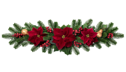 Christmas decoration with three red poinsettias, green pine branches, red berries, and gold ornaments, clean white background