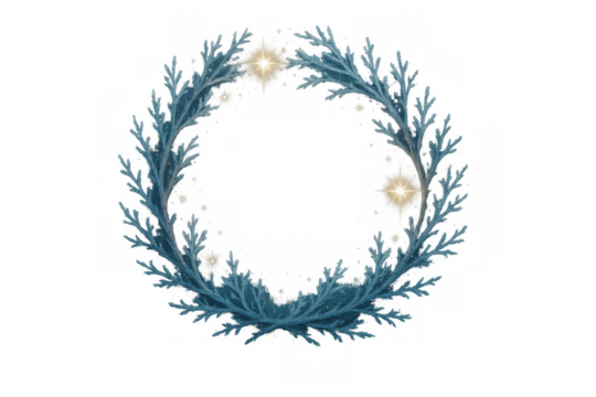 Winter wreath frame with glowing stars, blue frozen branches, festive holiday celebration decoration
