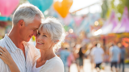 Senior couple at amusement park. Elderly husband and wife enjoying a day together. Concept of love, companionship, active senior lifestyle. Blurred bright background.