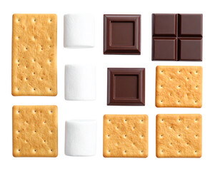  Deconstructed S&rsquo;mores Ingredients &ndash; Chocolate, Marshmallow, and Crackers PNG Cut Out