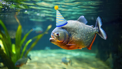 A Piranha's Aquatic Birthday Bash A Striped Party Hat Adorns a Fish in a Vibrant Underwater Scene, Creating a Whimsical and Playful Atmosphere for a Unique Celebration