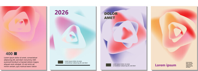 set of modern abstract posters with soft 3D gradient shapes in pastel pink, peach, and blue tones blending organic forms and minimal typography